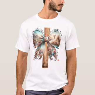 He Is Risen Jesus Coquette Bow Easter Cross Women T-Shirt