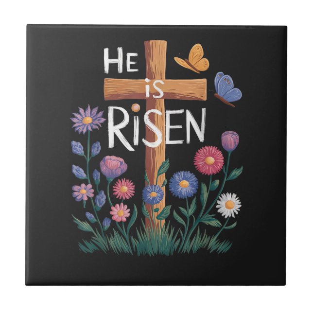 He Is Risen Jesus Floral Christian Easter Ceramic Tile (Front)
