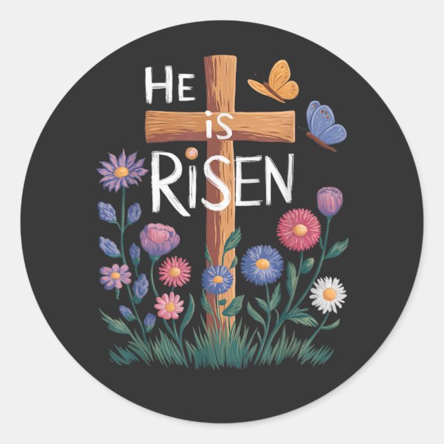 He Is Risen Jesus Floral Christian Easter Classic Round Sticker (Front)