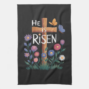 He Is Risen Jesus Floral Christian Easter Tea Towel