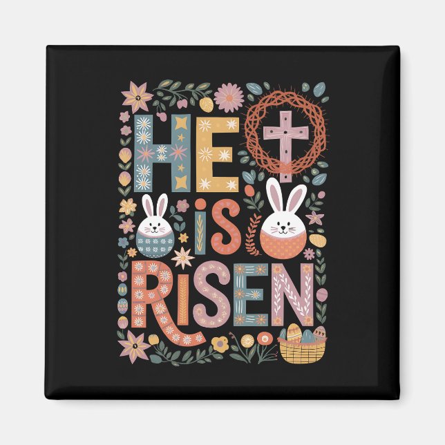 He is Risen Jesus Floral Cute Easter Bunny Rabbit Magnet (Front)