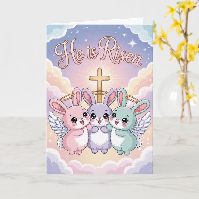 He Is Risen Kawaii Easter Card  Cute Religious  (Yellow Flower)