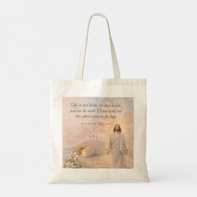 He Is Risen – Matthew 28:6 Bible Verse - Easter Tote Bag (Back)