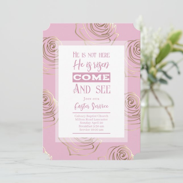 He Is Risen Pink Easter Invitation Card (Standing Front)