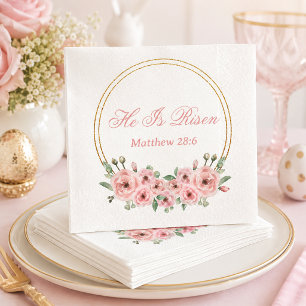 He Is Risen Pink Gold Floral Easter Napkins