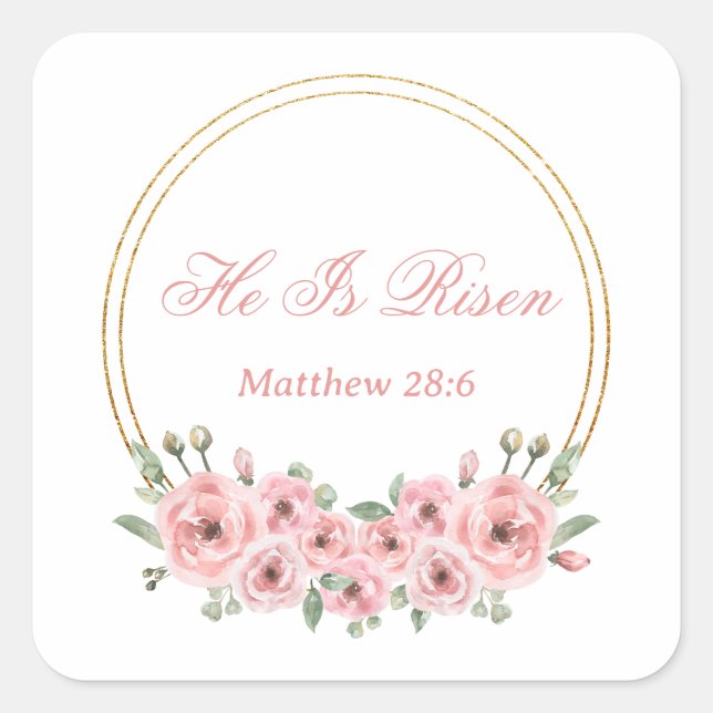He Is Risen Pink Gold Floral Easter Stickers  (Front)