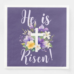 "He is Risen!" Purple Floral Religious Easter  Napkin