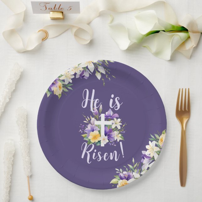  "He is Risen!" Purple Floral Religious Easter  Paper Plate (Wedding)