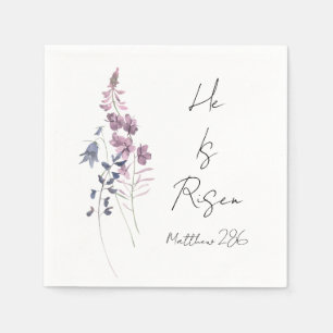 He is Risen Purple Floral Script Religious Easter  Napkin