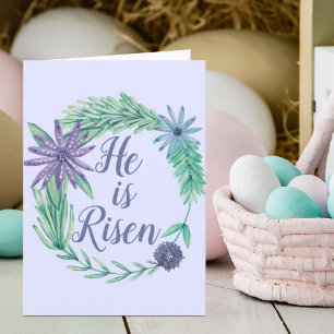 He is Risen Purple Religious Easter Bible Verse Holiday Card