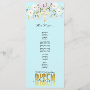 He Is Risen Religious Christian Quote Blue Easter Menu