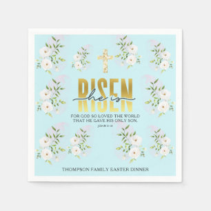 He Is Risen Religious Christian Quote Blue Easter Napkin