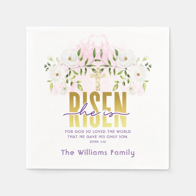 He Is Risen Religious Christian Quote Easter Napkin (Front)