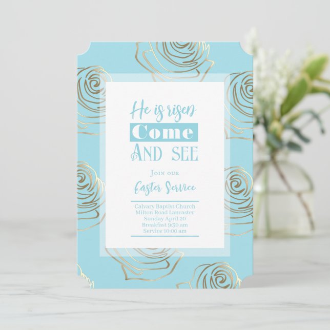 He Is Risen Robin Egg Blue Easter Invitation Card (Standing Front)
