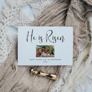 He Is Risen Script Modern Photo Easter Card 