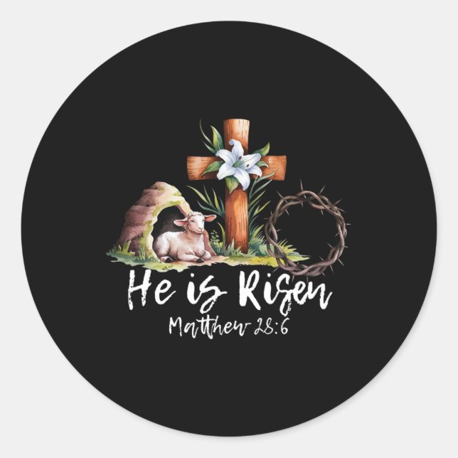 He Is Risen Sheep Lamb Cross Jesus Christian Easte Classic Round Sticker (Front)
