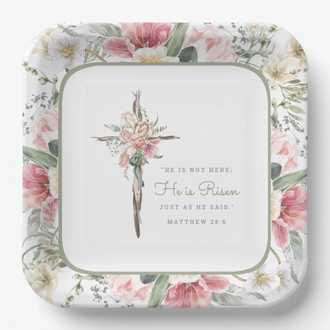 He is Risen Spring Floral Cross Paper Plates (Front)