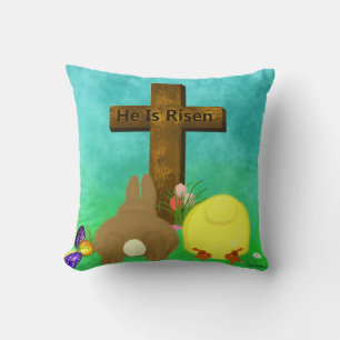He Is Risen! The Easter Bunny  Chick Bow to Cross Cushion
