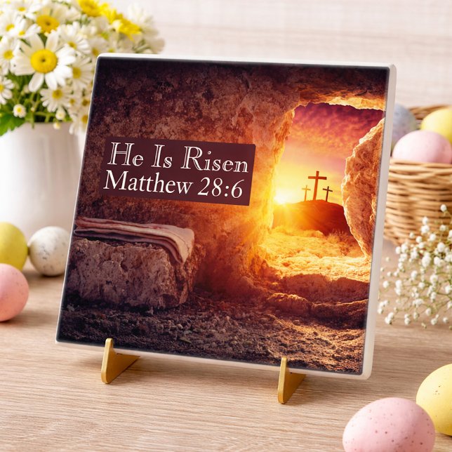 He Is Risen Three Crosses Empty Tomb Easter Ceramic Tile (Creator Uploaded)