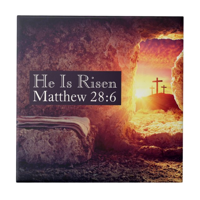 He Is Risen Three Crosses Empty Tomb Easter Ceramic Tile (Front)