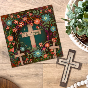 He is Risen Three Crosses Pretty Floral Easter Card