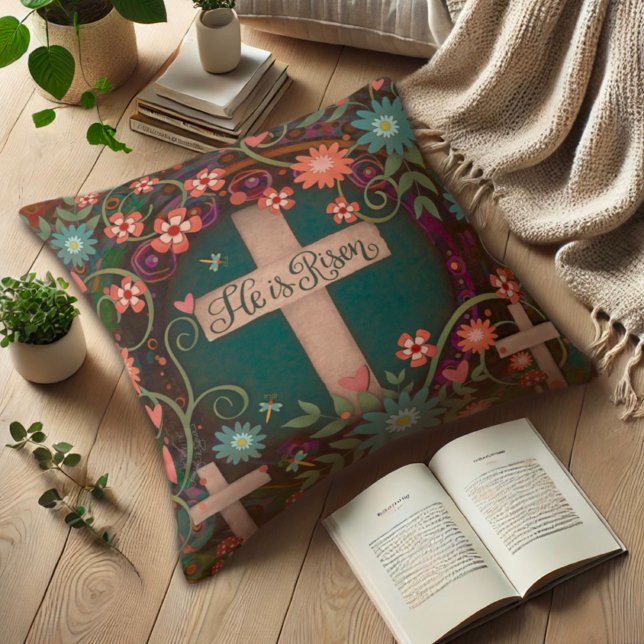 He is Risen Three Crosses Pretty Floral Easter Cushion (Creator Uploaded)