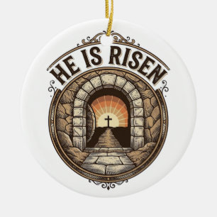 He Is Risen Vintage Easter Cross Shirt Ceramic Ornament
