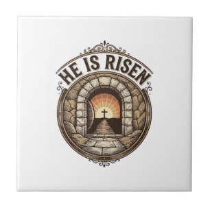 He Is Risen Vintage Easter Cross Shirt Ceramic Tile