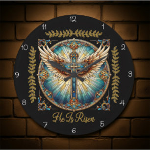 He Is Risen Winged Cross  Large Clock