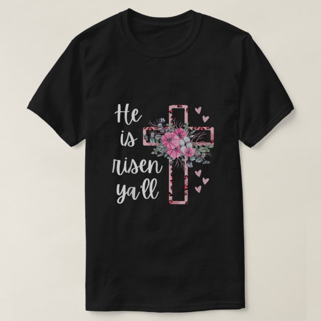 He is Risen Yall Cheetah Cross Christian Faith Hap T-Shirt (Design Front)