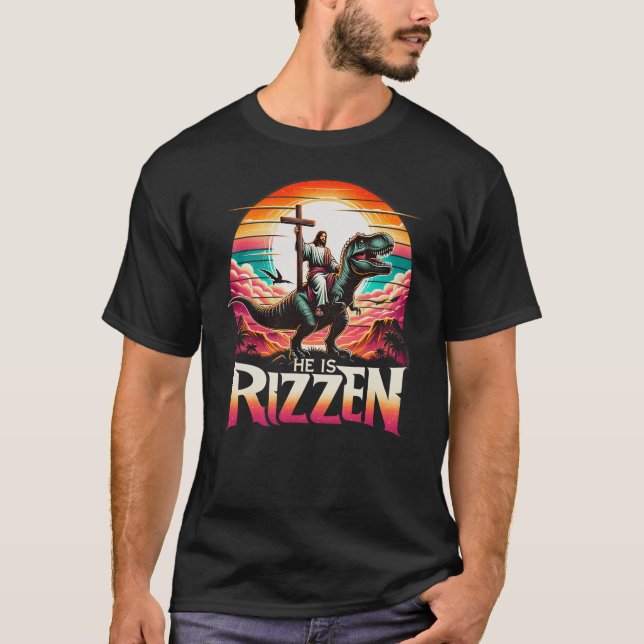 He Is Rizzen Jesus Has Rizzen Retro Christian Dino T-Shirt (Front)