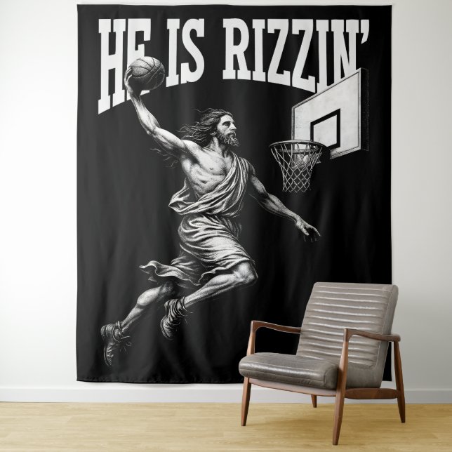 He Is Rizzin Funny Jesus Basketball Easter Day Tapestry (In Situ)