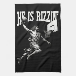 He Is Rizzin Funny Jesus Basketball Easter Day Tea Towel