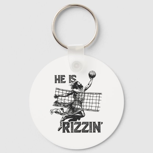 He Is Rizzin Funny Jesus Playing Volleyball Player Key Ring (Front)