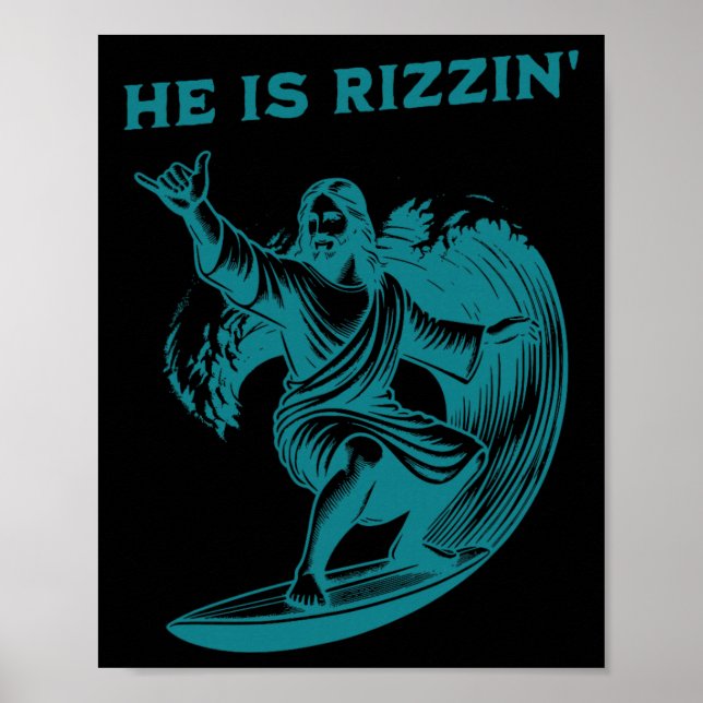 He Is Rizzin Jesus Surfing Funny Retro Easter Vint Poster (Front)
