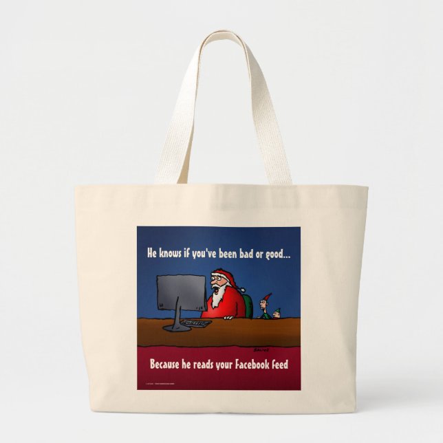 He Knows If You've Been Bad Funny Santa Large Tote Bag (Front)
