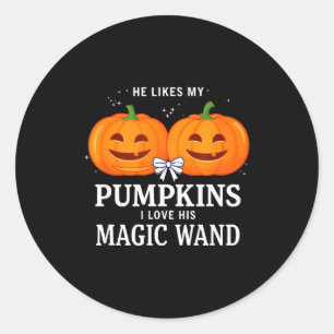 He likes my pumpkins i love his magic wand  classic round sticker