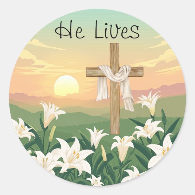He Lives Easter Morning Sunrise Classic Round Sticker (Front)