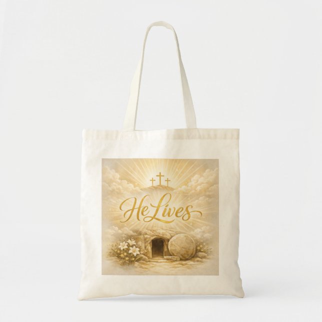 He Lives Easter Tote - Christian Easter Gift 2026 (Front)