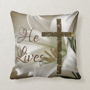 He Lives with Cross and Lily Easter Cushion