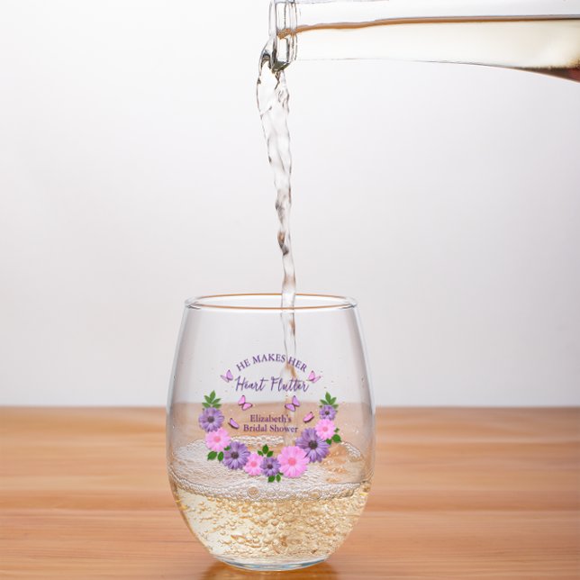 He Makes Her Heart Flutter Butterfly Bridal Shower Stemless Wine Glass (Creator Uploaded)