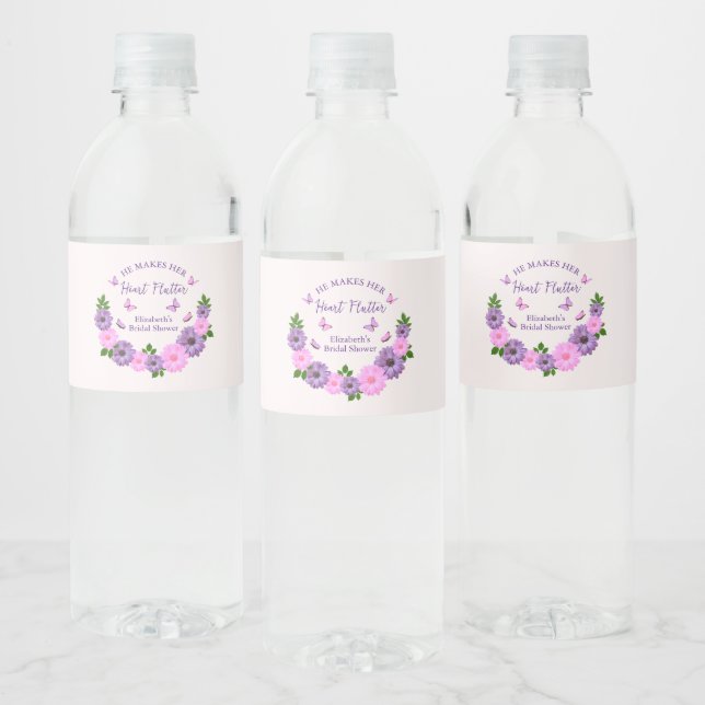 He Makes Her Heart Flutter Butterfly Bridal Shower Water Bottle Label (Bottles)