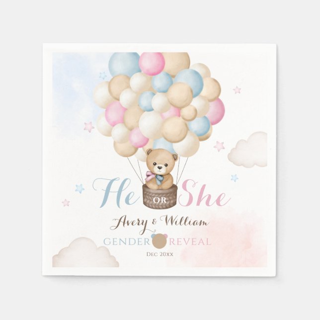 He oe She Gender Reveal Bear Baby Shower Napkin (Front)
