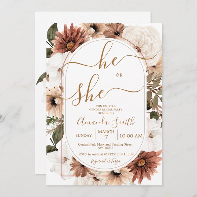 He or She Arch Boho Floral Gender Reveal Party Invitation (Front/Back)