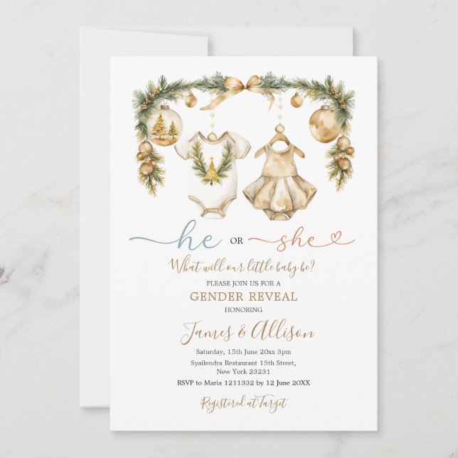 He or She Baby Clothe Gold Christmas Gender Reveal Invitation (Front)