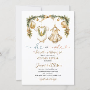 He or She Baby Clothe Gold Christmas Gender Reveal Invitation