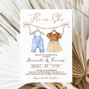 He or She Baby Clothes Gender Reveal Invitation