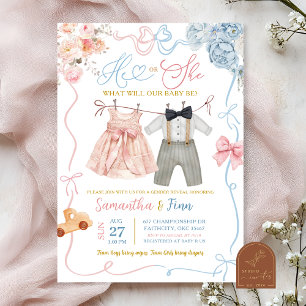 He or She Baby Clothes Gender Reveal Invitation