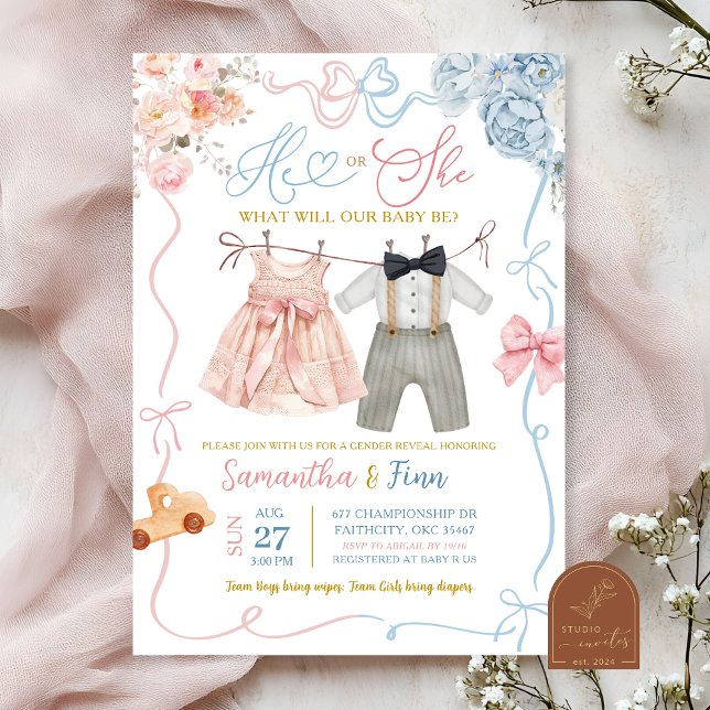 He or She Baby Clothes Gender Reveal Invitation (Creator Uploaded)