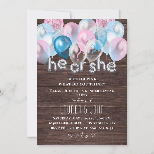 He or She Balloon Gender Reveal Invitation (Front)